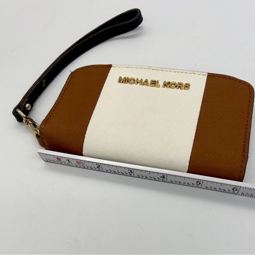 Michael Kors brown and White Stripe Zip Wristlet